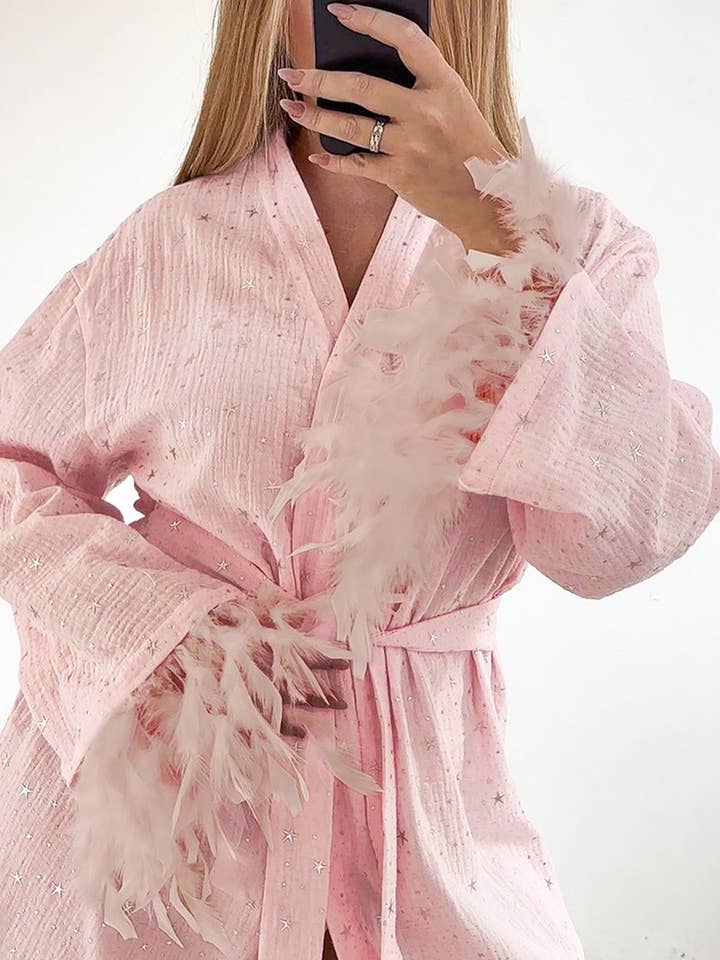 ROSE CWSPJ0393_NUISSETTE EN COTON AVEC PATCHWORK DE STRASS ET PLUMES en vente sur Faire2