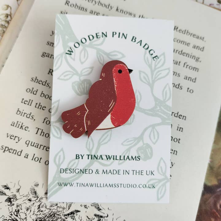 Robin - Wooden Brooch Pin Badge for wholesale by Tina Williams