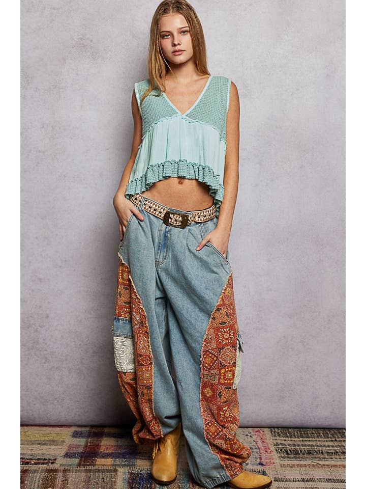 Pol Clothing - Wholesale Knit Top - Women's - Sleeveless contrast thermal cropped babydoll top SALE4