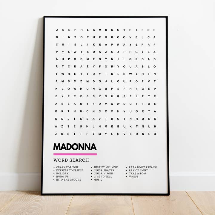 Madonna Music Songs Tracks Wordsearch Art Print for wholesale by Underdog Studio