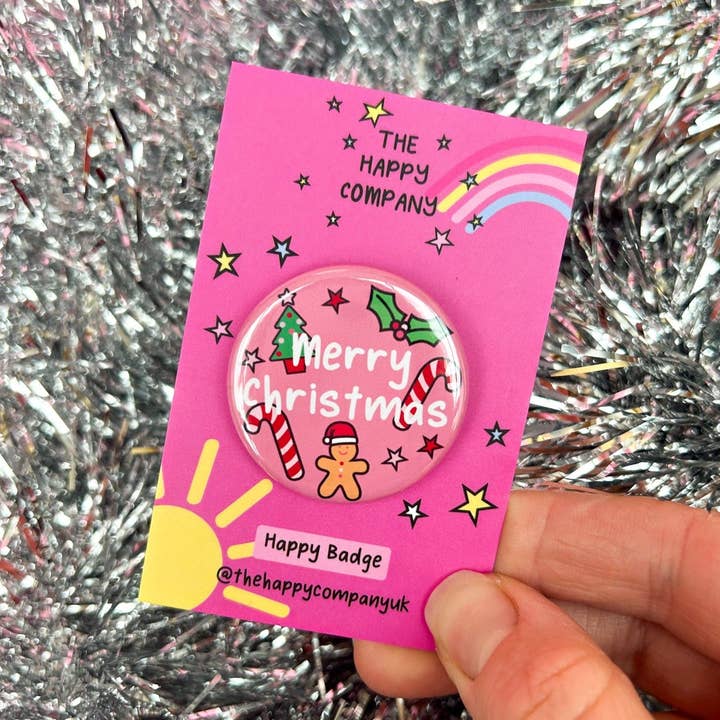 Merry Christmas Pink Doodle Pin Badge for wholesale by The Happy Company