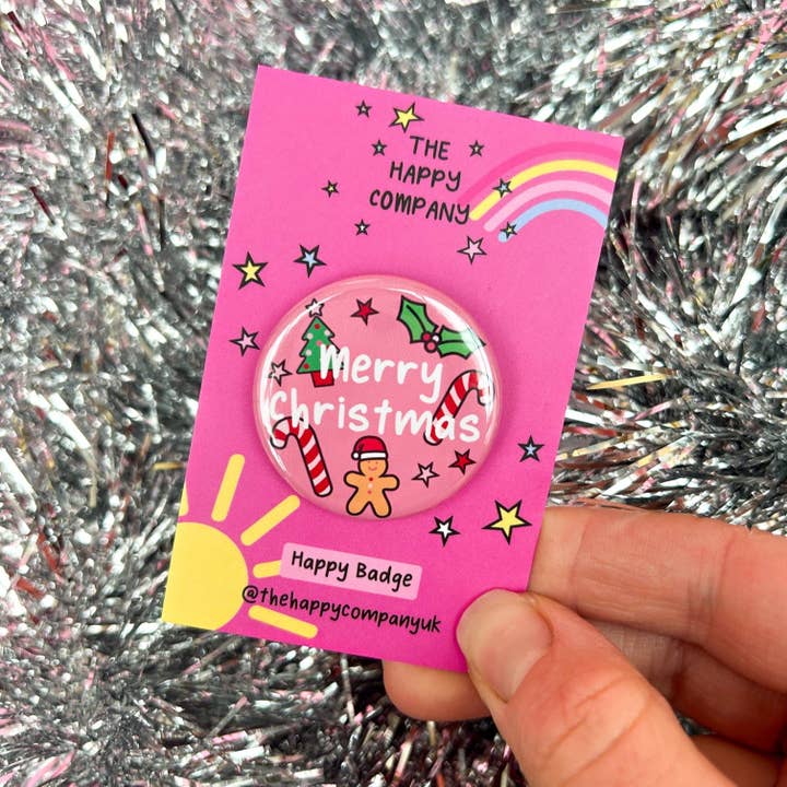 Merry Christmas Pink Doodle Pin Badge for wholesale by The Happy Company