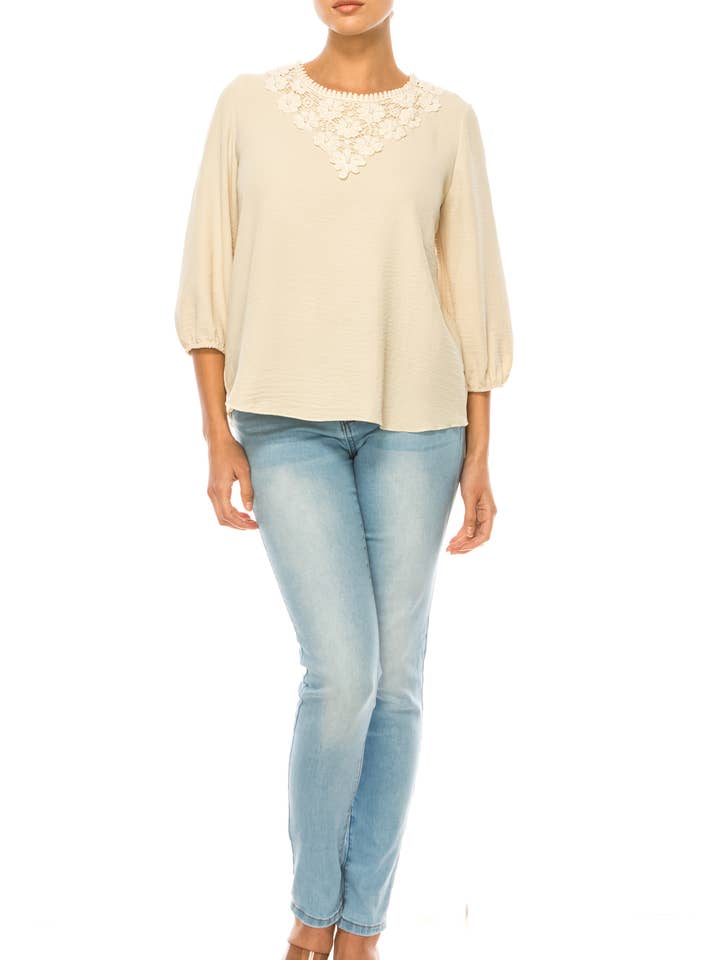 Women's Solid Blouse with Puff Sleeves and Lace for wholesale by MOA COLLECTION