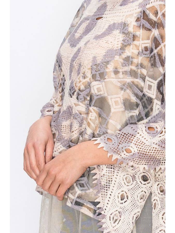 PT Leopard Aufwendig gehäkeltes Poncho-Top mit geometrischen Stickdetails -1139 NAT/LEOPARD für den Großhandel auf Faire2