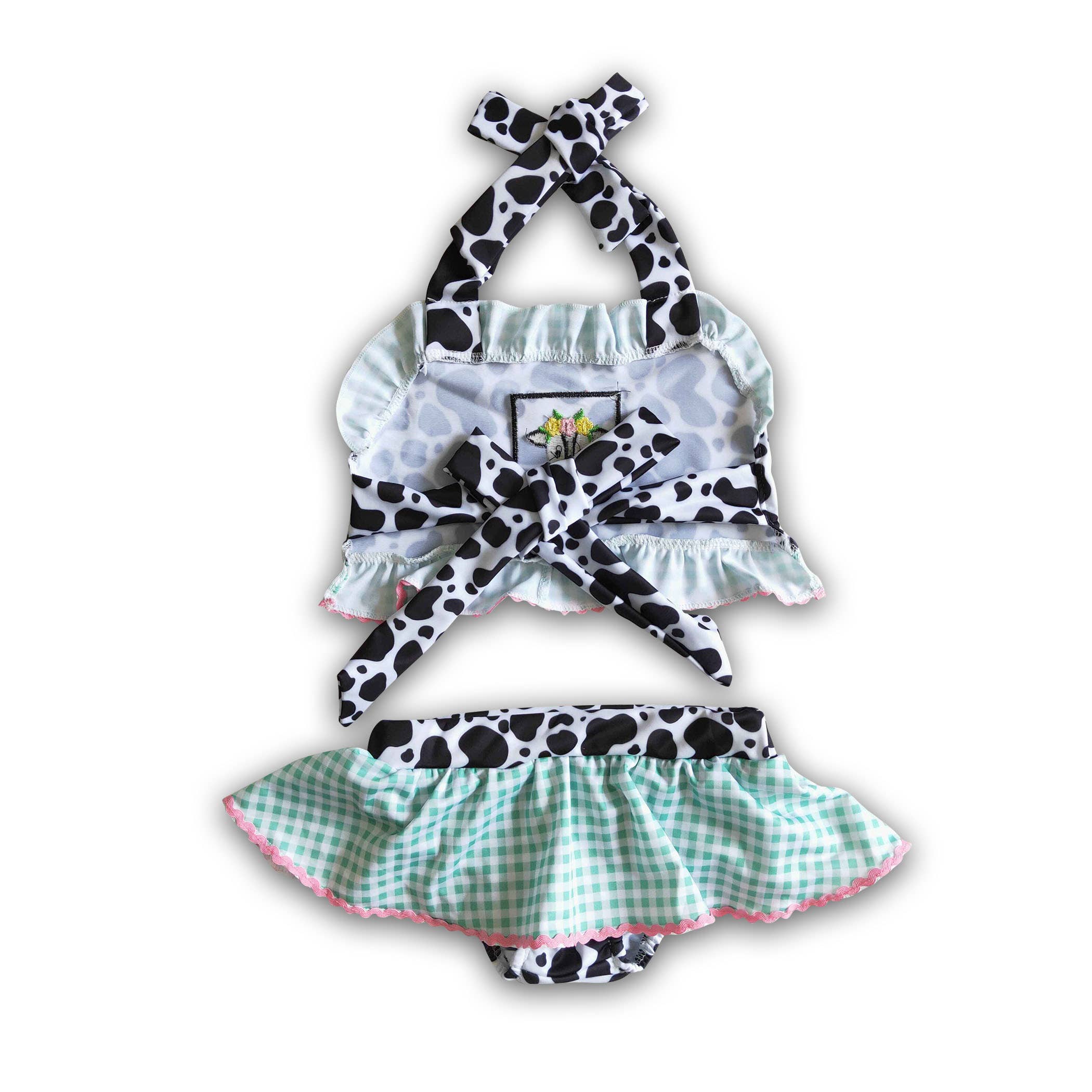 Yawoo Garments - Wholesale Two Piece Swimsuit - Kids - Cow embroidery plaid bath suit baby girls swimsuit3
