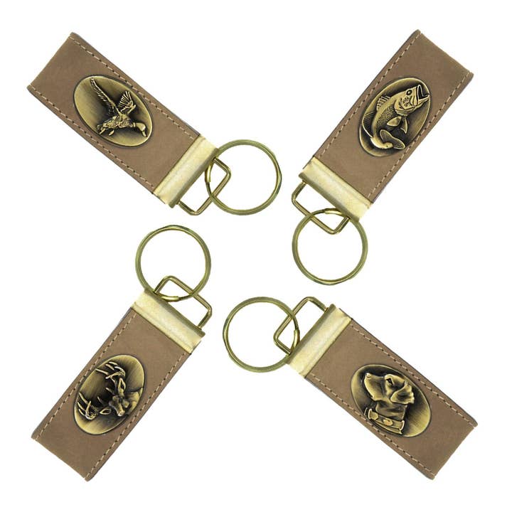 Zep-Pro - Wholesale Keychain - Unisex - Leather Loop Key Fob. Crazyhorse Full Grain Leather With Antique Brass Logo. Bass, Dog, Deer, Mallard