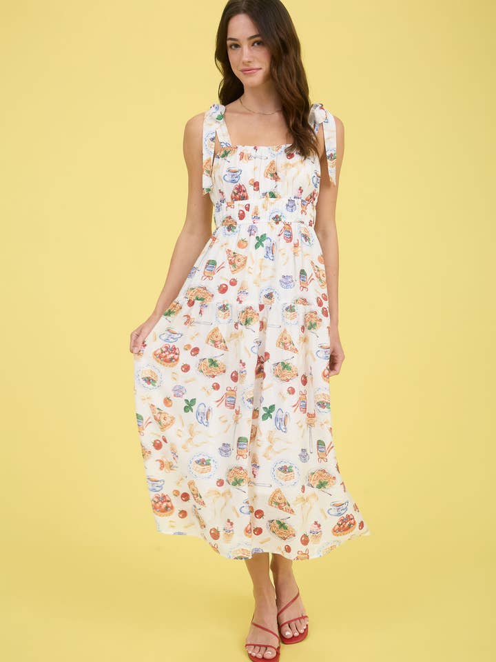 OFF WHITE MULTI TEA TIME PRINT TIE STRAP MIDI DRESS for wholesale on Faire