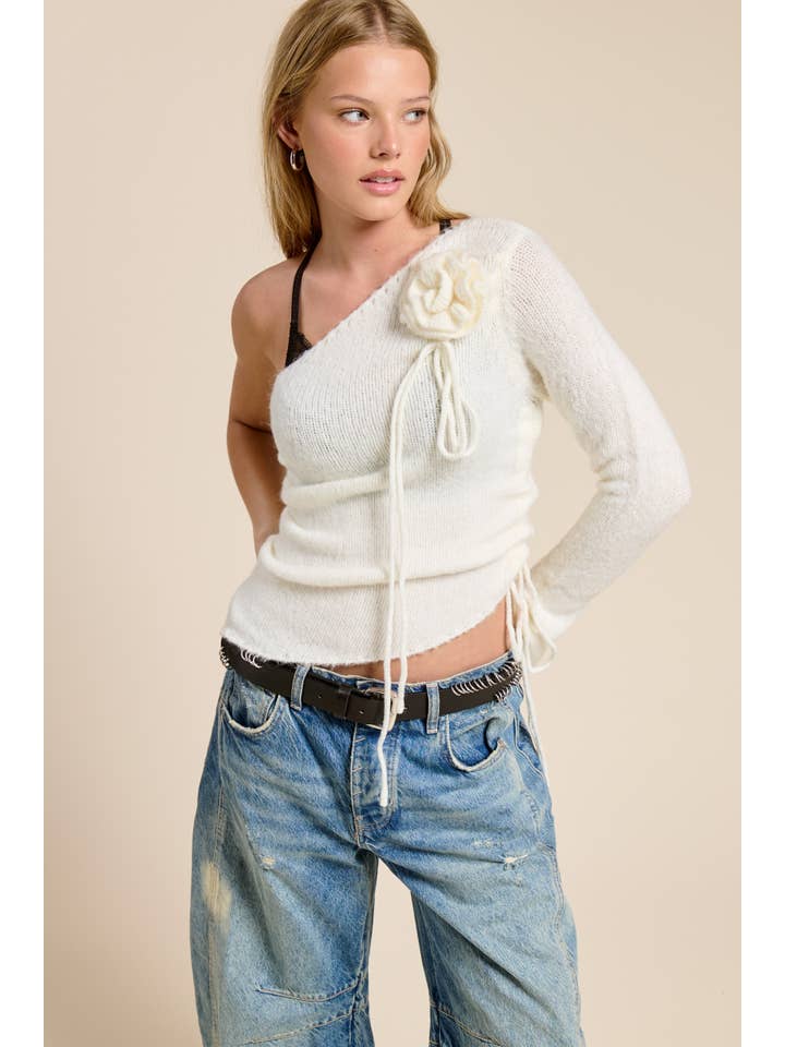 Mimosa - Wholesale Knit Top - Women's - One Shoulder Floral Embellishment Knit Top11