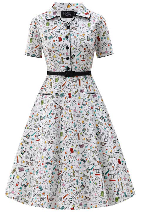 Penelope II hvid rockabilly skjortekjole med forskerprint for engroshandel hos Dolly & Dotty