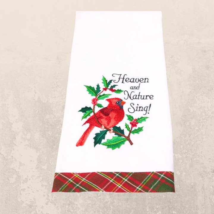 Nature Sings Christmas Cardinal Tea Towel - Kitchen Decor for wholesale by Sheryl's Stitchery Niche