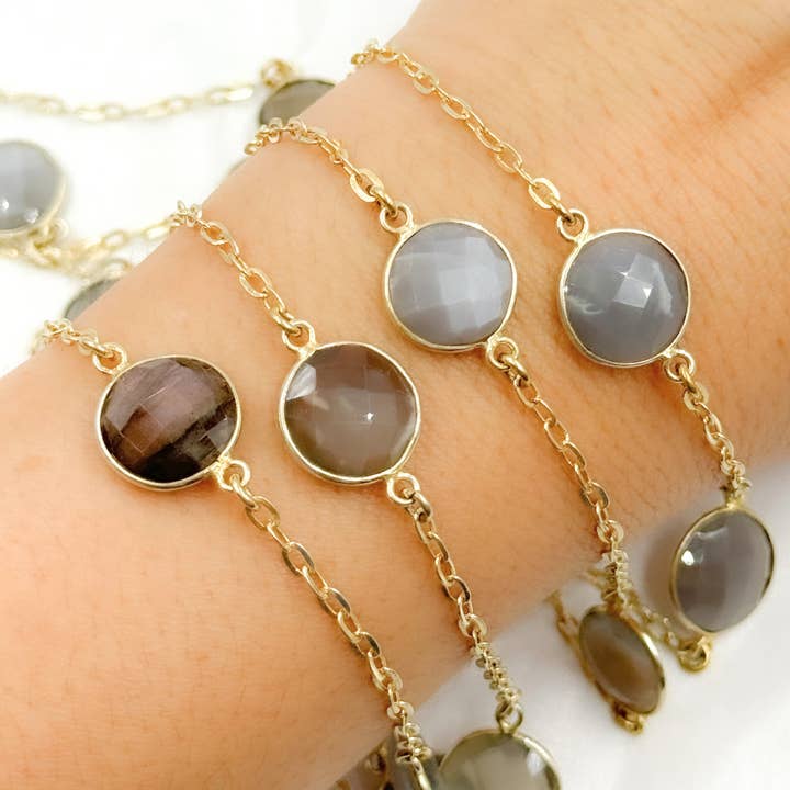Grey Moonstone Gold Plated Connected Wire Chain. MS71 for wholesale by Tresor Jewelry Inc.