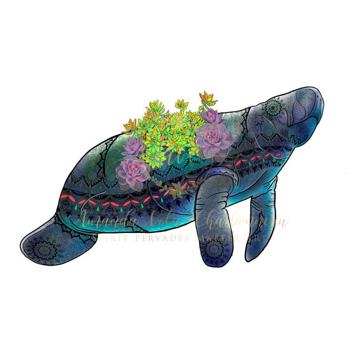 The Vela Ranch - Wholesale Art Print - Manatee with Succulents - Ornate Coastal Wildlife Print