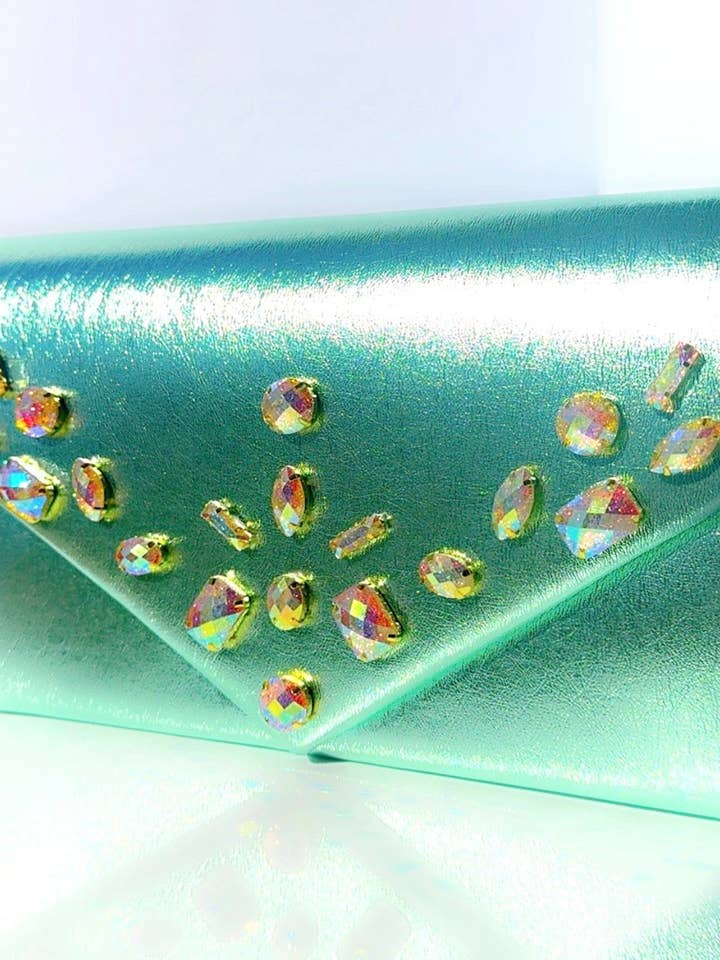 Mintfärgad metallisk bling-clutch för wholesale av Soderena Designs