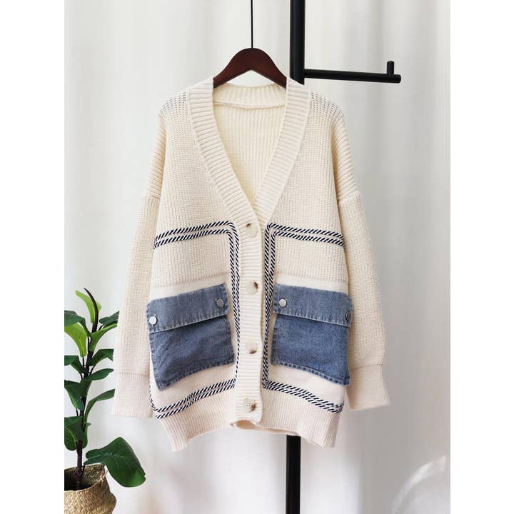 Cardigan confortable en patchwork denim et maille JK91 pour la vente par Productseeker