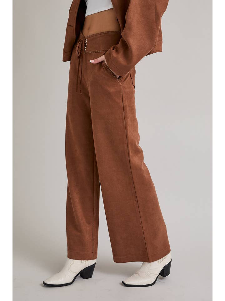 Brown SUEDE PANTS WITH BRAIDED DETAIL for wholesale on Faire2
