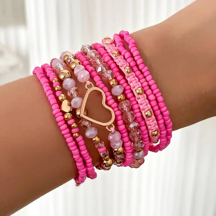 Kate Tuesday Jewelry - Wholesale Jewelry Set - Gold Heart Pink Beaded Valentines Bracelet Set