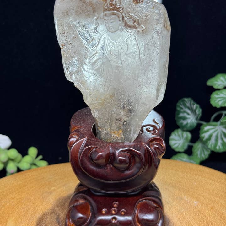Lodolite Guan Yin carving w/ custom lotus stand G967 for wholesale by The 7 Directions