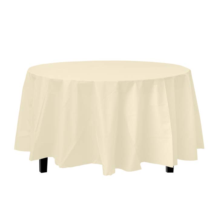 Round 84 In. Ivory Premium Plastic Tablecloth Disposable for wholesale by Crown Display
