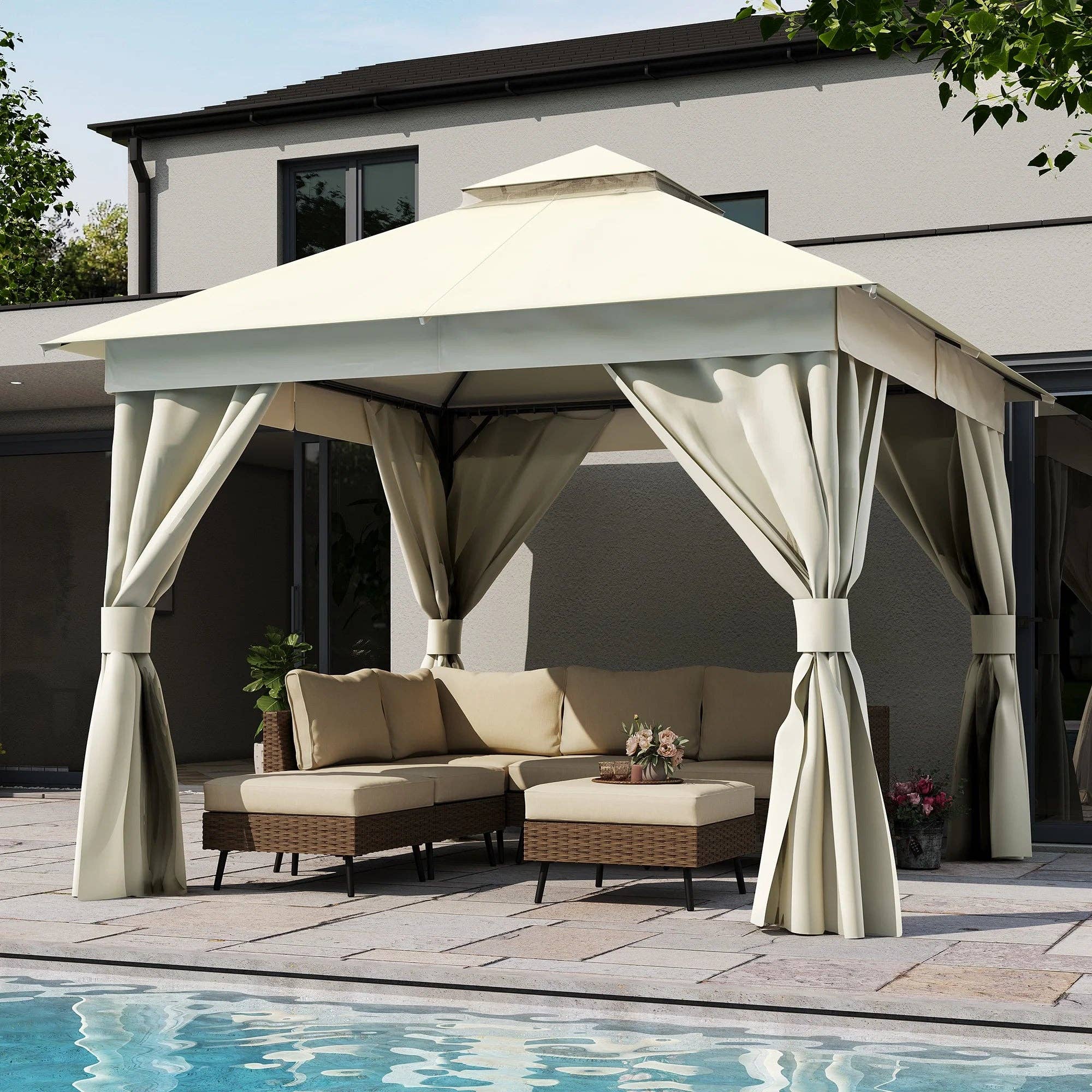 ShipItFurniture - Wholesale Tent - 10'X10' Patio Gazebo, Double Roof Outdoor Shelter Tent with Mosquito Nettings and Privacy Screens, Cream White0
