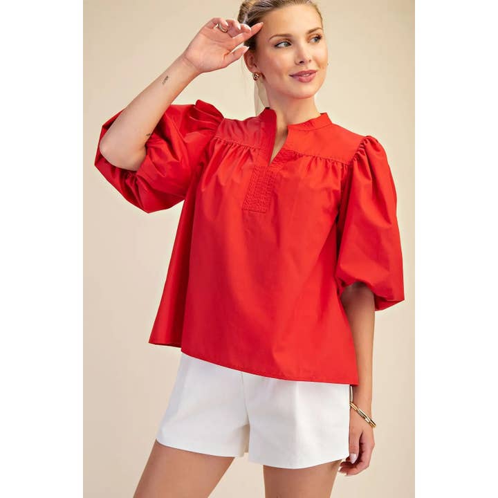 NOVA Blusa de Popelina com Decote em V e Mangas Bufantes por atacado de STYLE USA