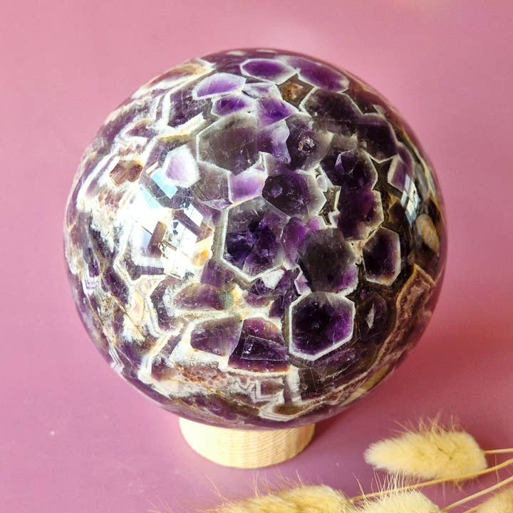 Crystal Gemstone Ball Unique Dream Amethyst Sphere 130mm 2800g (Chevron amethyst) for wholesale by Moonlight Gemstones
