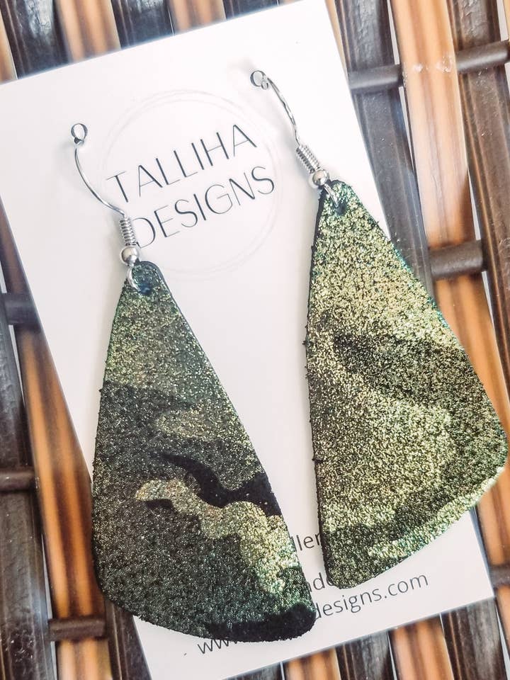 Chameleon Green Camo Genuine Leather Wedge Dangle Earrings for wholesale by Talliha Designs