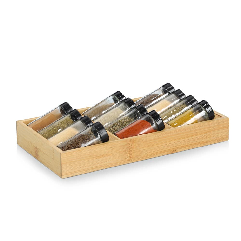 Light Brown Transparent Black Spice Rack Set, 13-Piece, Bamboo/Glass for wholesale on Faire2