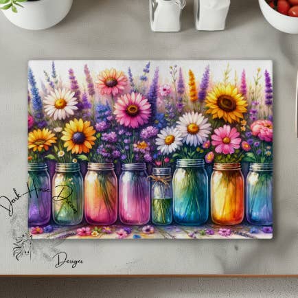 Watercolor Flowers in Mason Jars - Glass Cutting Board for wholesale by Dark Horse Dream Designs LLC