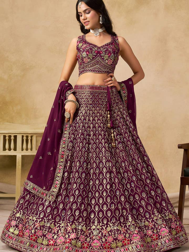 Lehenga Choli en georgette marron pour mariage et festival indien et pakistanais - Broderie de sequins et de fil pour la vente par HATKE BRIDE