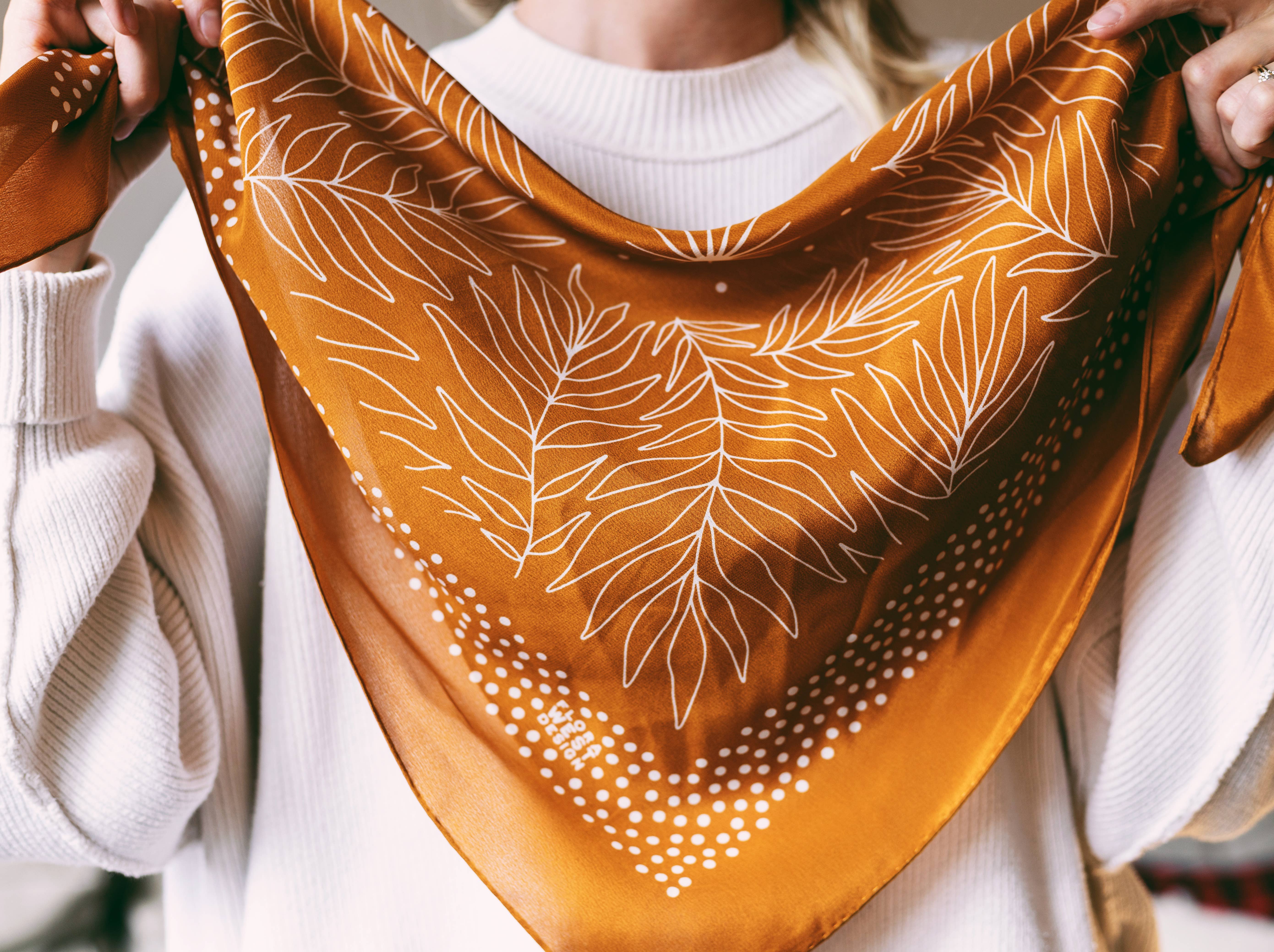 Flora West Design - Wholesale Bandana - Women's - 100% Silk Bandana Scarf - Tropical Palms Amber Western Style3