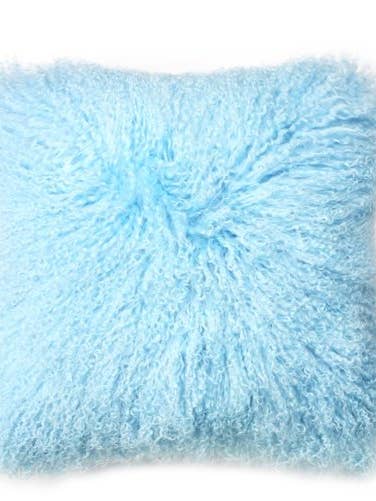 Coussin bleu en fourrure de mouton mongol 16x16 pour la vente par Woolsy