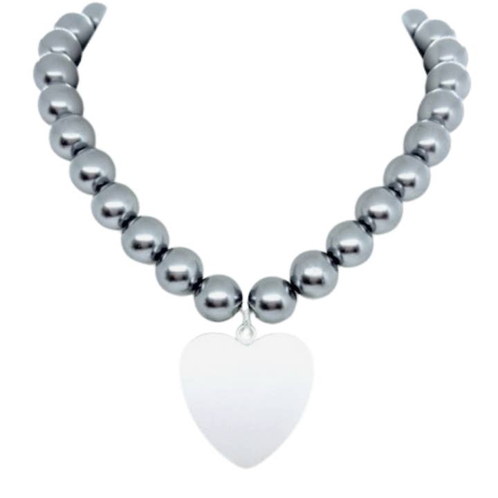 Grey 14MM Pearl Necklace With Medium Matte Silver Heart Pendant for wholesale by Deborah Grivas Designs