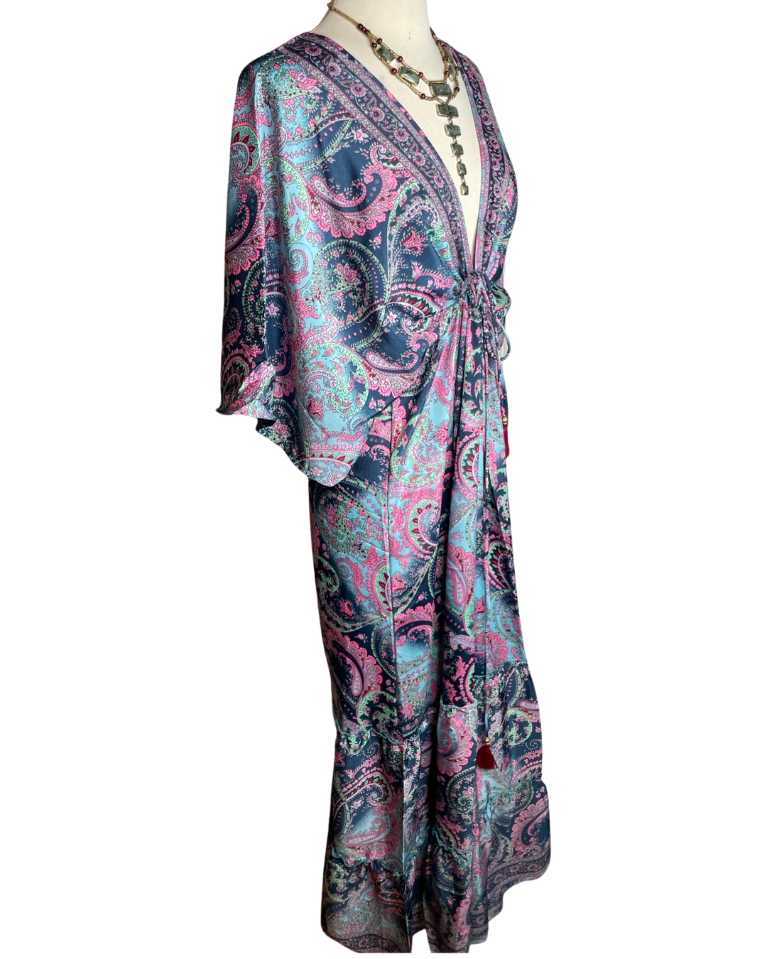 Pink and Silver – wholesale Klänning - Dam – Dubbel V-ringad Bohemisk Maxi Silkesklänning (Marinblå/Rosa)4