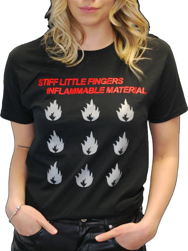 T-SHIRT "MATÉRIAU INFLAMMABLE" DE STIFF LITTLE FINGERS pour la vente par Atom Age Industries