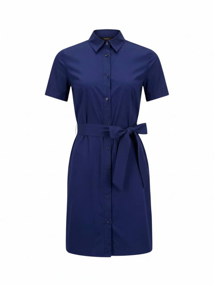 Navy Button Up Shirt Dress in Italian MachineWashable Fabric for wholesale by Ameliora