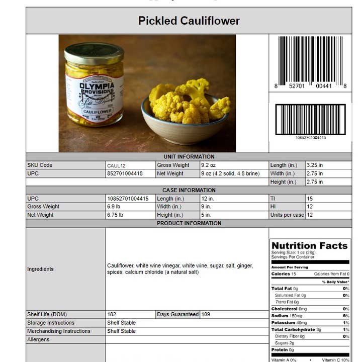 Olympia Provisions - Wholesale Pickled Vegetables - Pickled Cauliflower2