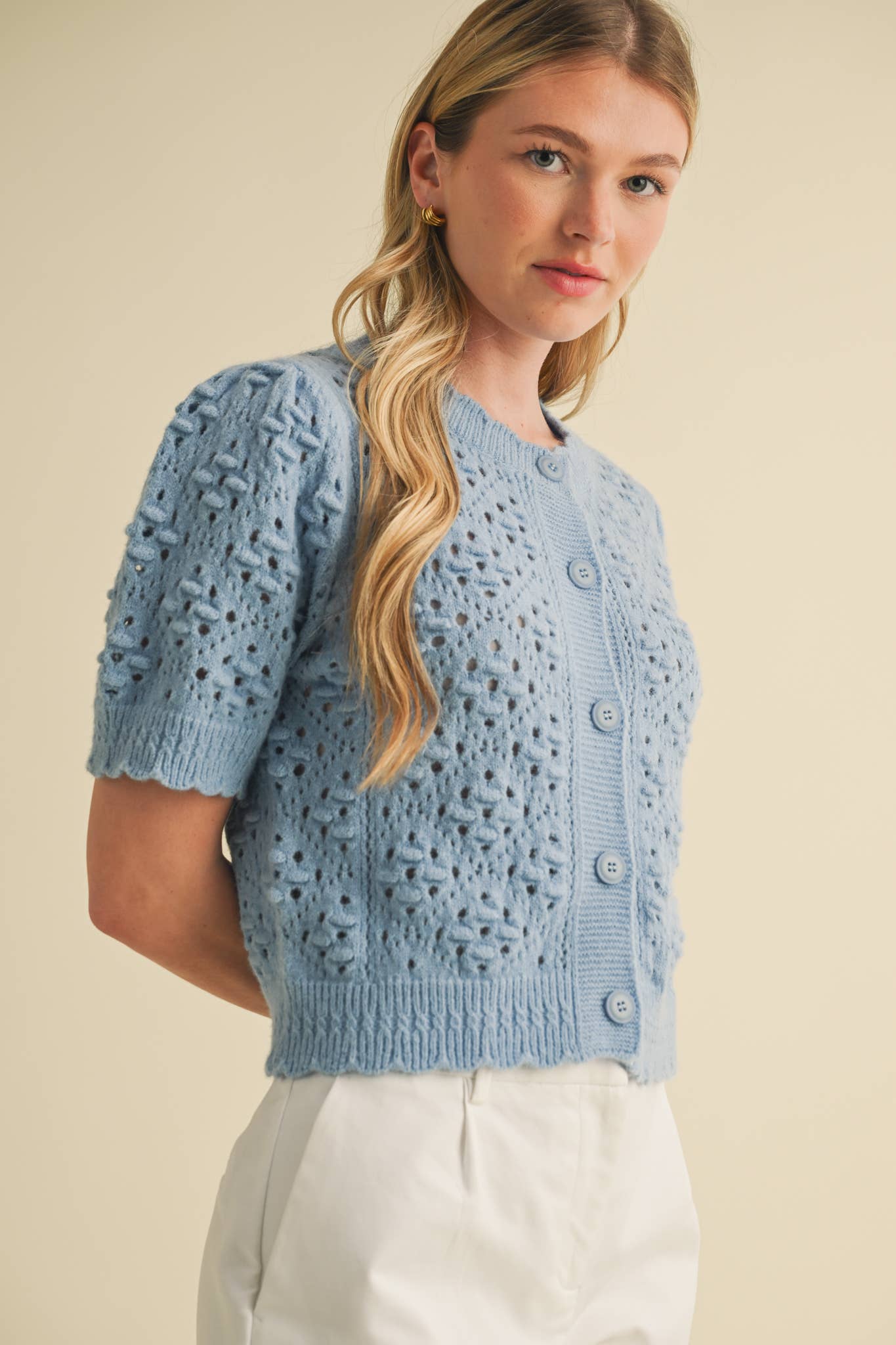 &MERCI - Wholesale Cardigan - Women's - CROPPED POINTELLE BUTTON DOWN SWEATER CARDIGAN MSW1085759