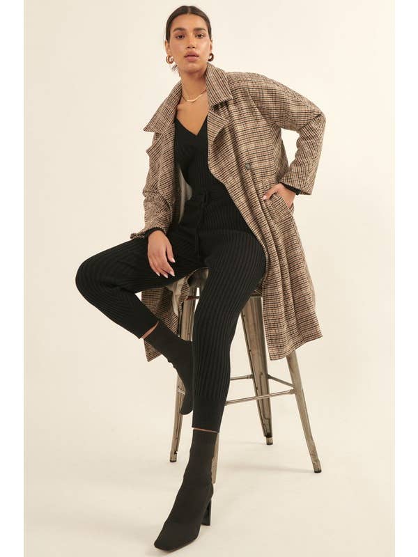 BROWN Houndstooth Double Breasted Long Sleeve Woven Coat for wholesale on Faire4