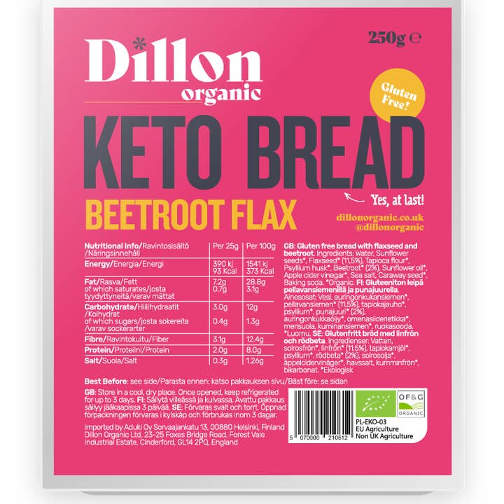 Dillon Organic - Wholesale Bread/Tortilla - Beetroot Flax Keto Bread/ Organic/Gluten Free/Vegan/Low Carb