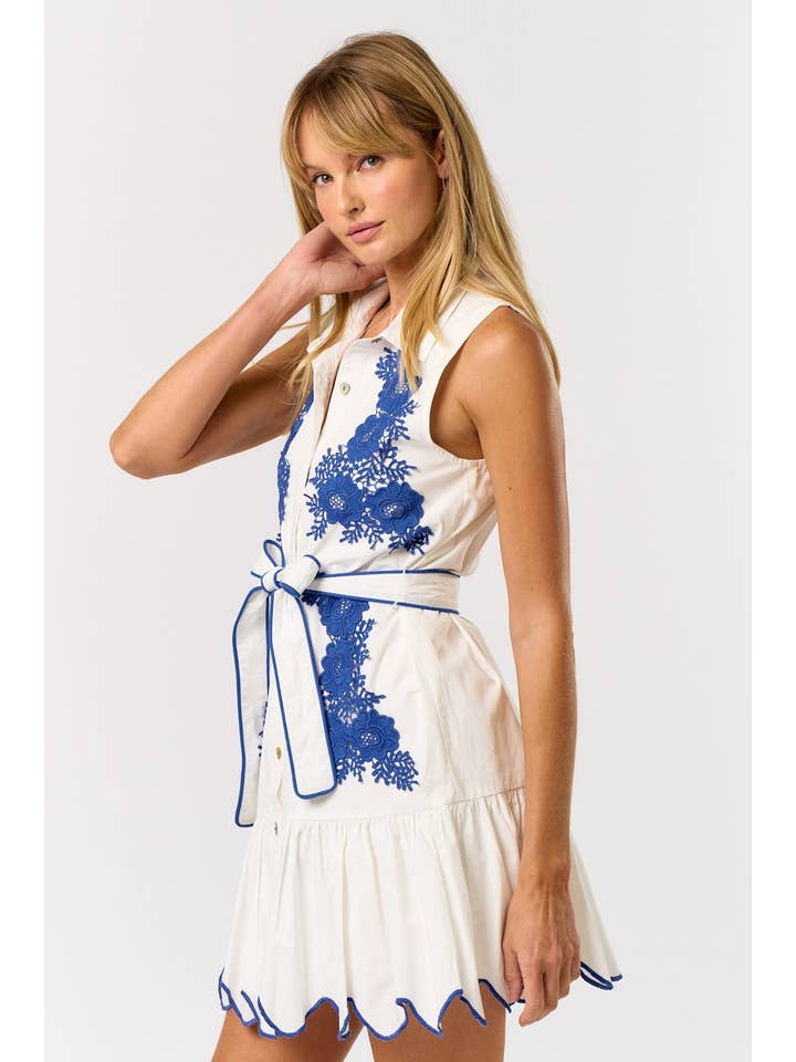 OFF WHITE BLUE ILD5195 EMBROIDERED COLLAR BUTTON DOWN MINI DRESS for wholesale on Faire
