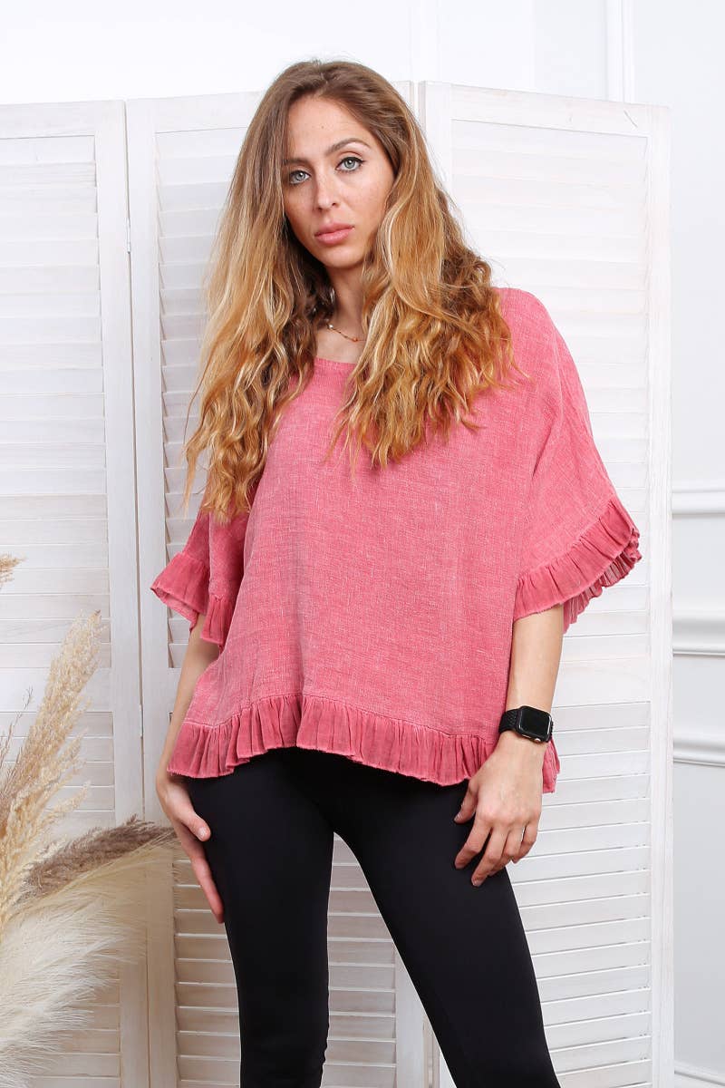 Happy look - Wholesale Blouse - Women's - Washed cotton top with ruffle detail1