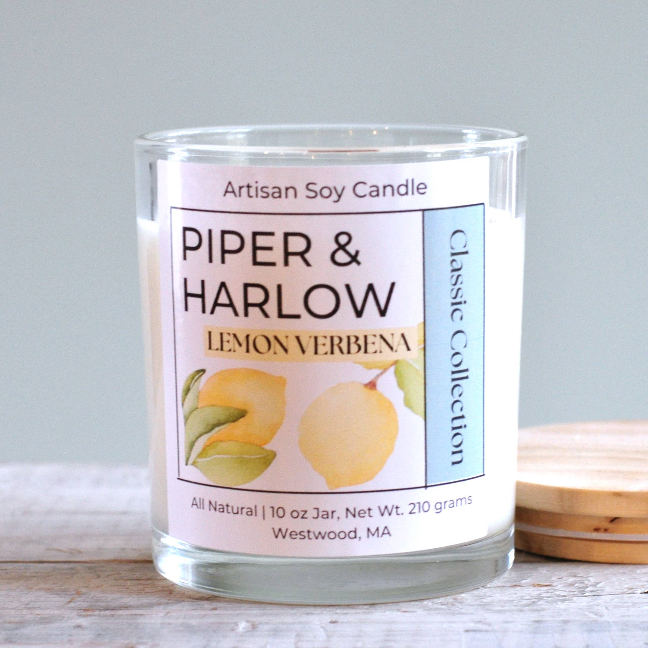 Piper & Harlow Collections - Wholesale Jar/Filled Candle - Lemon Verbena Candle - 10 oz Soy Clear Glass Wooden Lid