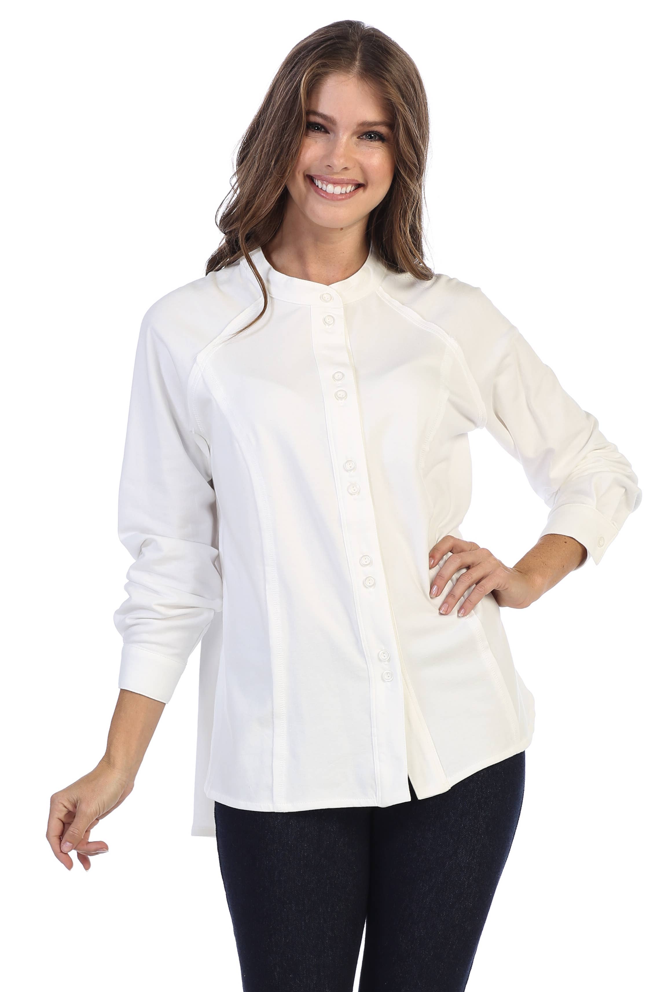 WHITE Long Sleeve French Terry Round Neck Button Down Shirt for wholesale on Faire3