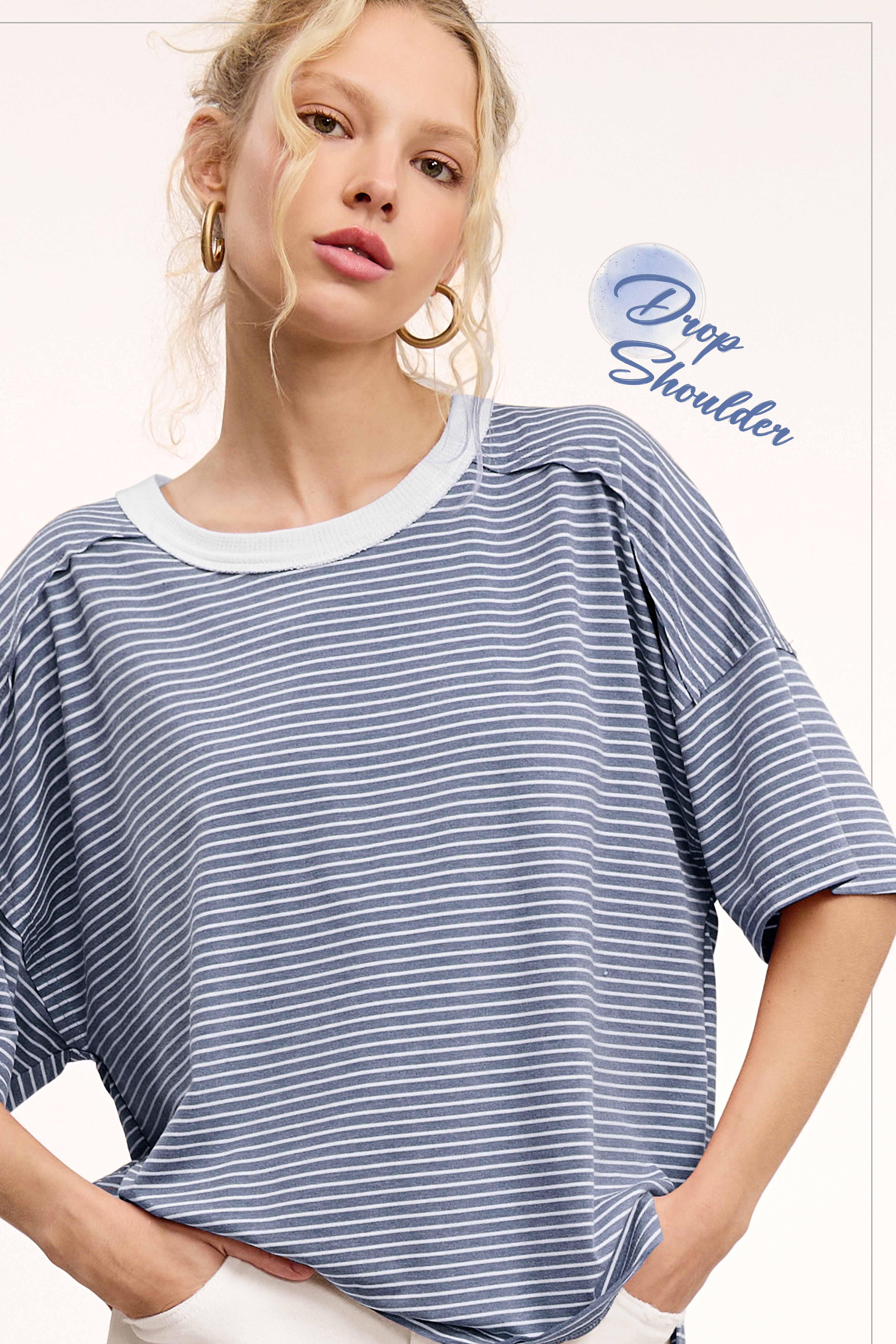 La Miel - Wholesale T-Shirt - Women's - HDT7703-Basic Striped Drop Shoulder Short Sleeves Top18