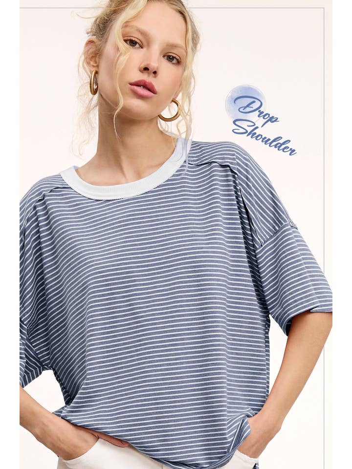 La Miel - Wholesale T-shirt – women's - HDT7703-Basic Striped Drop Shoulder Short Sleeves Top18