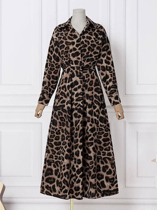 Plush Looks - Wholesale Dress - Women's - High Waisted Long Sleeves Buttoned Leopard Lapel Maxi Dresses2