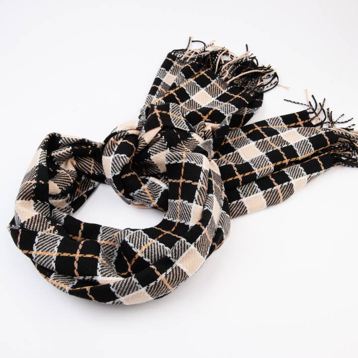 Lucca Couture - Wholesale Scarf - Women's - SVBL1015-HERMON PLAID CHRISTMAS SCARF-BLK/BEI