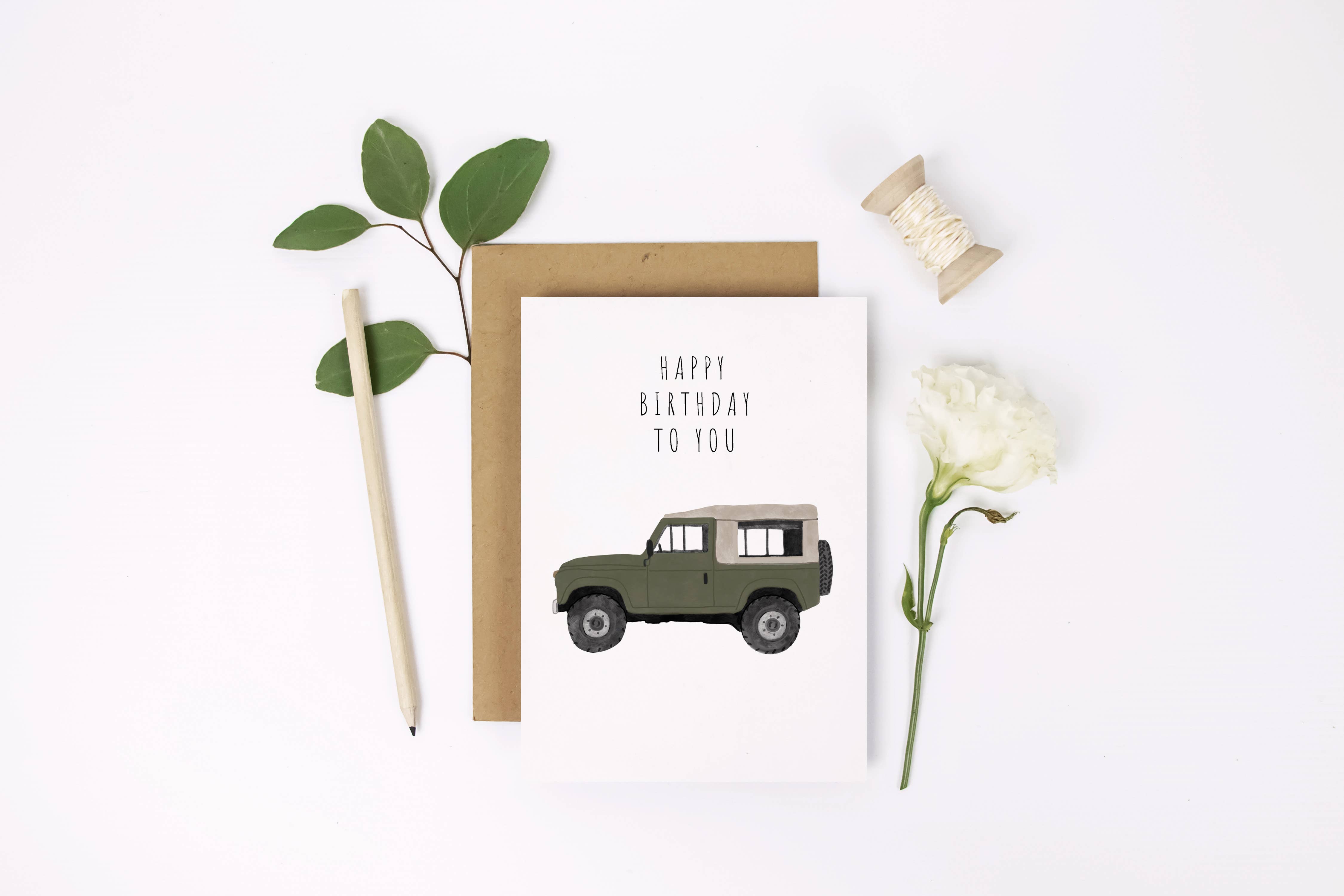 HeatherLucyJ Design – wholesale Birthday card – Green Landrover Defender Birthday Card1