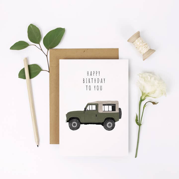 HeatherLucyJ Design – wholesale Birthday card – Green Landrover Defender Birthday Card1