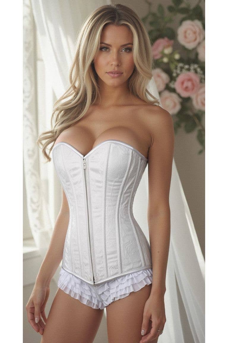 Daisy Corsets – Großhandel Korsett – Damen – Üppiges weißes Spitzen-Überbrustkorsett mit Reißverschluss0